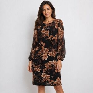 Connected Apparel Women's Floral Chiffon Sleeve Knee Length Dress Size 8